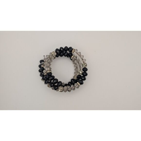 Black & Gray Crystal Beaded Stretch Bracelet with Rhinestone Spacers Fashion - Picture 1 of 2